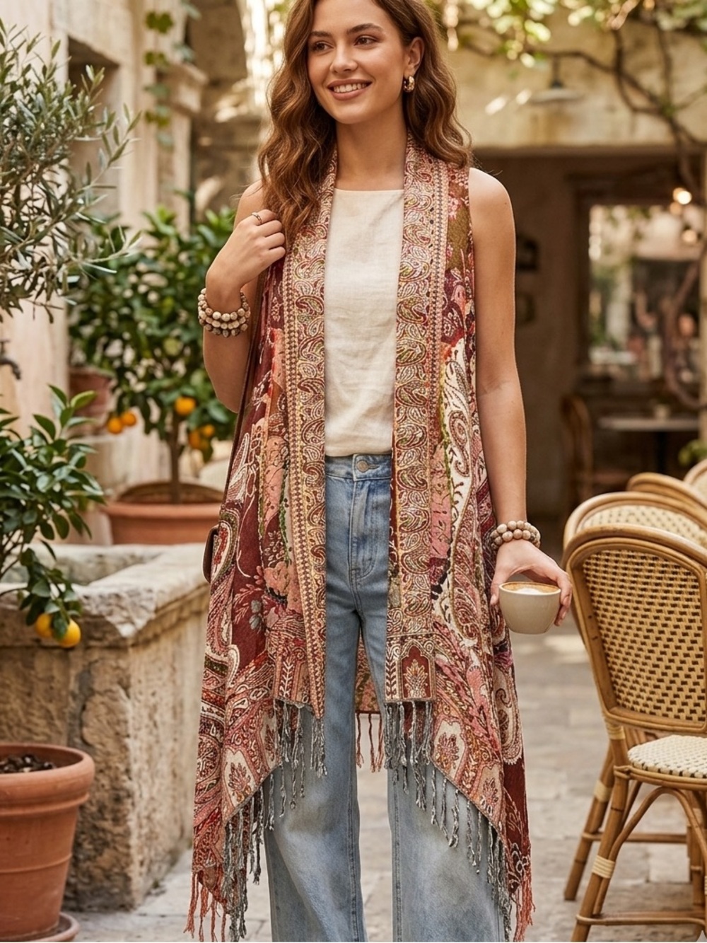 Stunning Vibrant Paisley Soft Pashmina Style Boho Fringe Cardigan